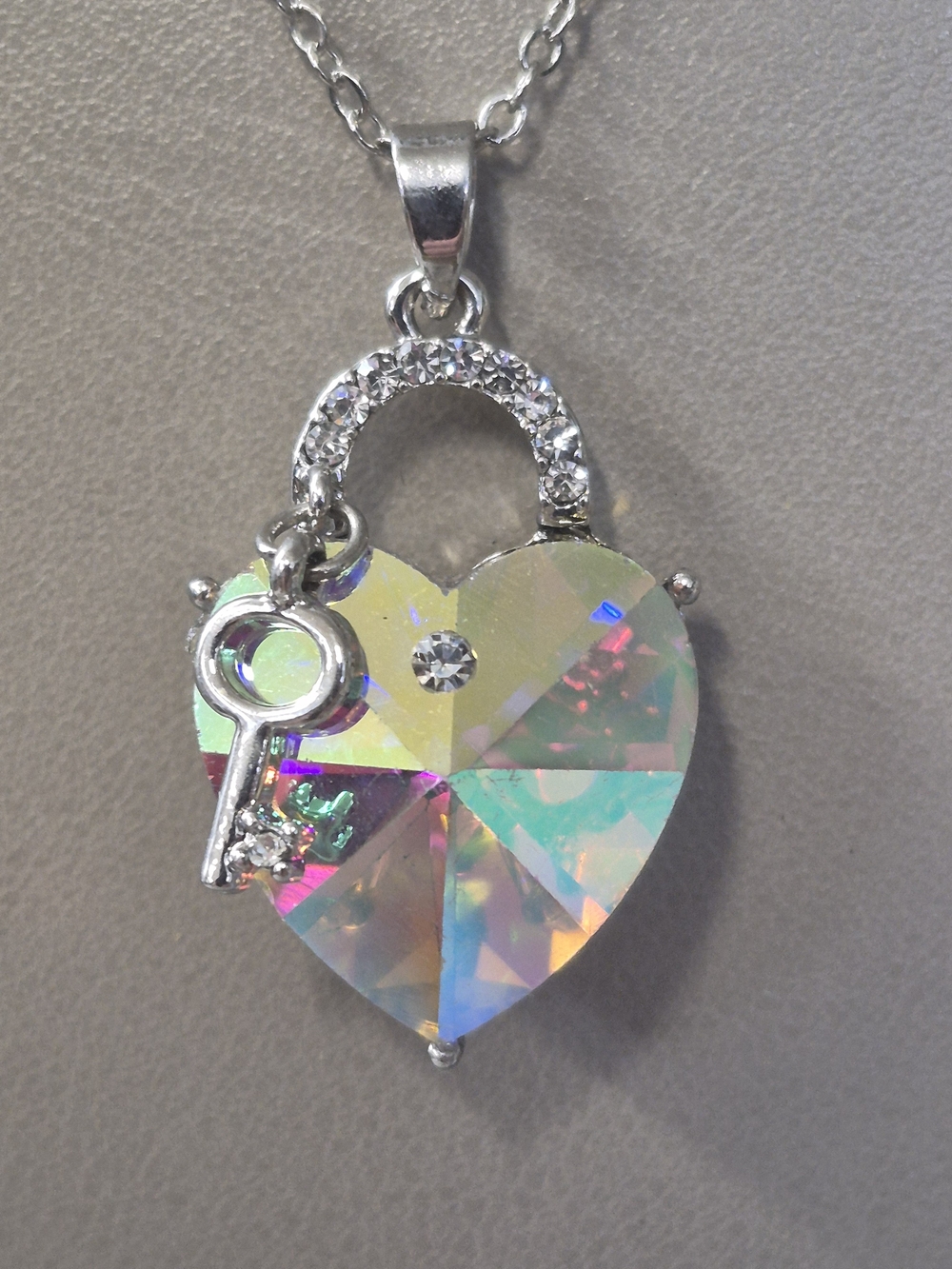 NEW Iridescent Heart Lock Pendant Necklace with Key Charm - Silver Tone